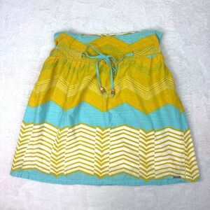 Roxy Y2K Surf Yellow Turquoise Chevron Mini Skirt Size 9 Side Zip Lined Boho